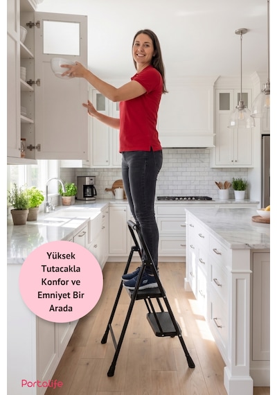 Portalife 2 Basamaklı Uzun Tutacaklı Şık Siyah Çelik Merdiven 100 Cm'ye Kadar