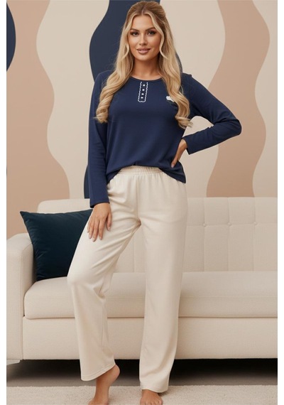 Siyah İnci Örme İnterlok Pijama Takım25226009 Lacivert Çiçekli