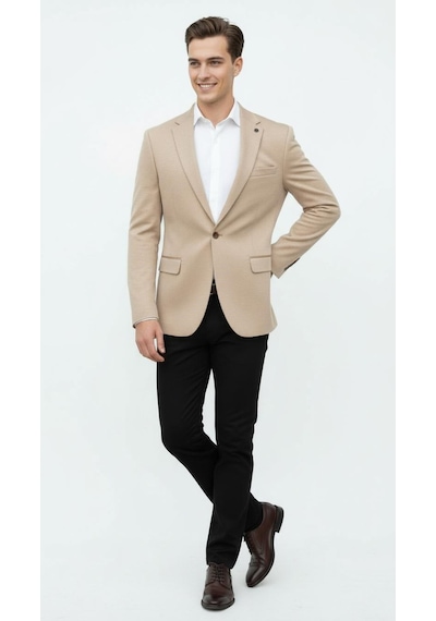 Plus Scorpion Bej Erkek İtalyan Kesim Blazer Ceket Kol Yamali, Slim Fit, Şık Ve Modern Tasarım Bej