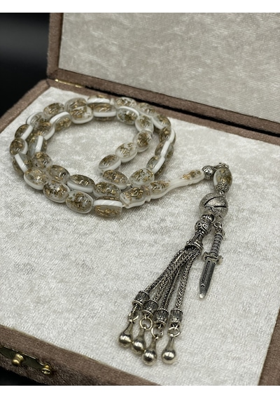 Onurlu Tesbihane Golden Rozalin Uçak Camı Tesbih Beyaz Sedef 8,5x12 Mm Erkek Tesbihi Gümüş