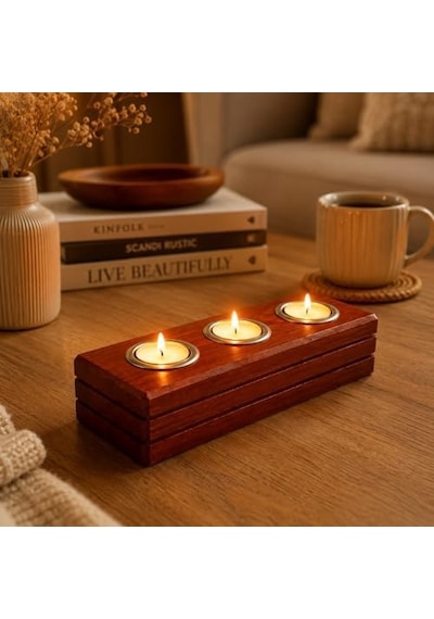 Bfa Store El Yapımı Ahşap Tealight Mumluk, Ceviz Rengi, 3 Mum Kapasiteli, 27x11x6 Cm, Dekoratif Hediyelik Diğer