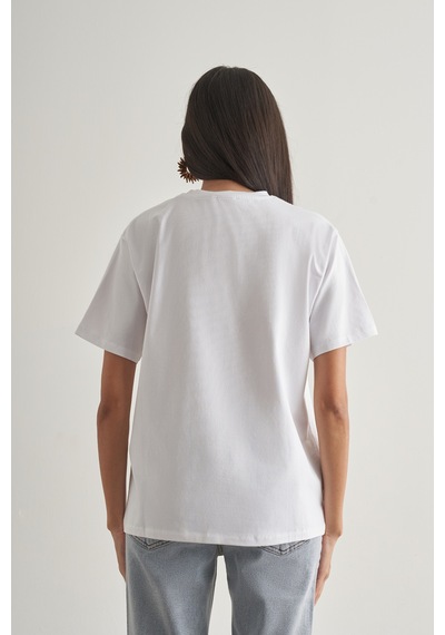 Mizalle Pamuklu Ekru Oversize Baskılı Tişört Ekru