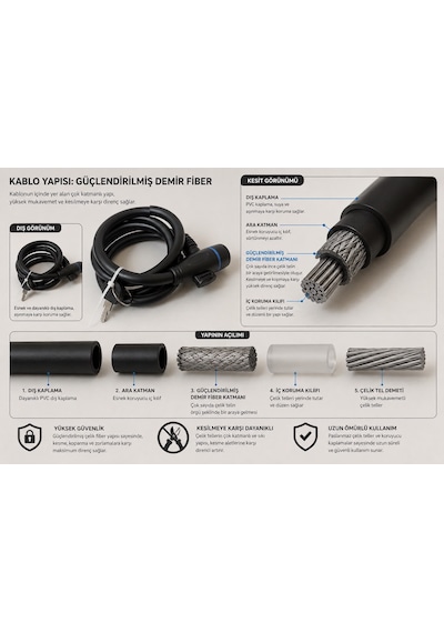 Bisiklet Kilidi Elektrikli Scooter Uyumlu Kablo Kilit Metal Güvenlik Kilidi 2 Anahtarlı 15x120 Cm Aparatlı Siyah