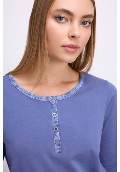 Man11566-1085 Anil Ev Giyim Anıl Kadın Uzun Kollu T-shirt Ve Desenli Pantolon Pijama Takımı 11566 Çivit