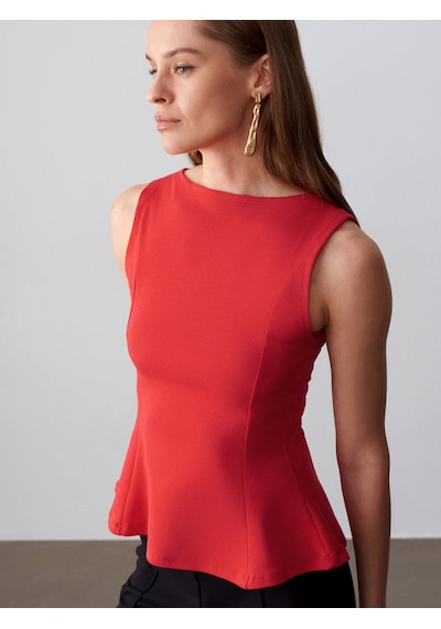 Dilvin 21001 Kayık Yaka Peplum Top-kırmızı
