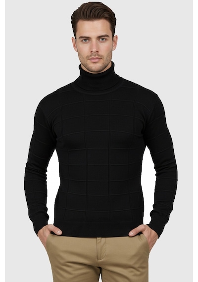 Deepsea Erkek Siyah Kare Desenli Balıkçı Yaka Slim Fit Boğazlı Triko Kazak 2505493 Siyah