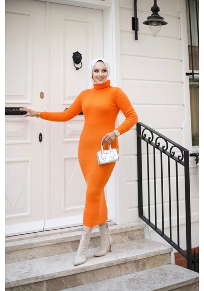 Hira Life Fashion Kadın Elbise Tesettür Giyim Balıkçı Yaka Ve Dar Kesim Triko Kalem Elbise Orange Orange Hira Life Fashion Kadın Elbise Tesettür Giyim Balıkçı Yaka Ve Dar Kesim Triko Kalem Elbise Orange Orange