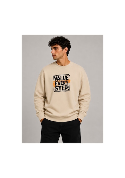 Herkesemoda Value Every Baskı Detaylı Bisiklet Yaka Şardonlu 2 İplik Sweatshirt Bej