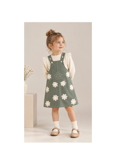 Nota Kids Kız Çocuk Çiçek Desenli Jile Elbise Takım Dantel Kollu Pudra Sweatshirt Ve Askılı Elbise Yeşil