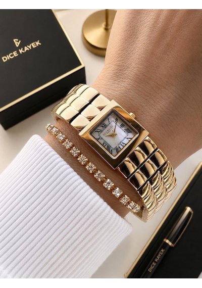 Dice Kayek Premium Vintage Kadın Kol Saati Gold Çelik Kordon 5 Atm Su Geçirmez Bileklik Hediyeli D20 Sarı