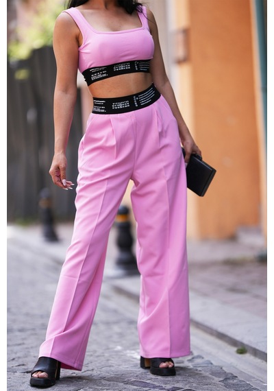 Canım Kendim Store Pembe Lastik Detaylı Crop Ve Lastik Detay Pantolon İkili Takım Pembe