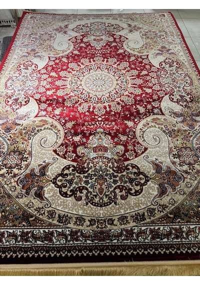 Asaryün Halı Ipek H4030 Bordo İpeksi Geleneksel Renkli Göbekli Klasik Desen Salon Halısı Modern Renkli