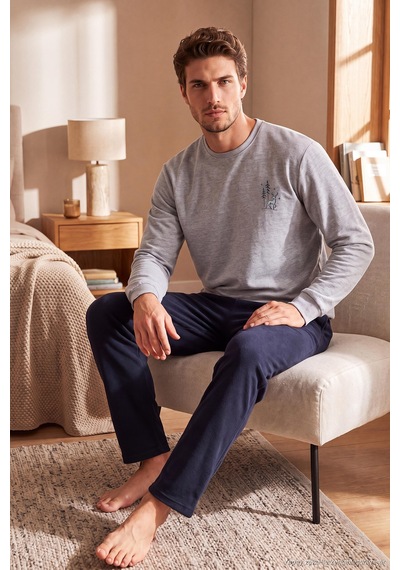Buratti Yumuşak Dokulu Minimal Nakışlı Uzun Kollu Pijama Takımı Erkek Pijama Takımı 6575009 Gri Melanj