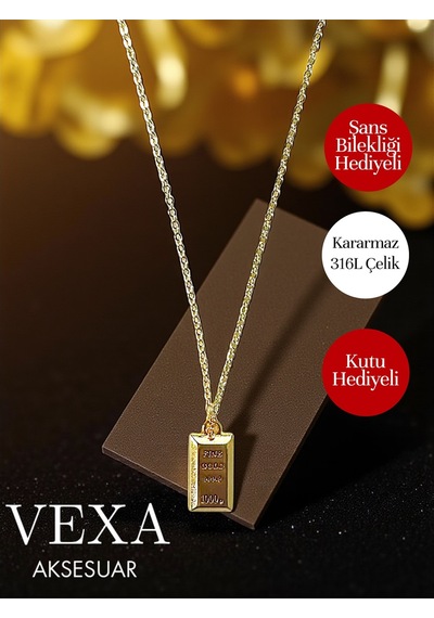 Külçe Altın Görünümlü Kararmaz 316l Çelik Kolye Stainless Steel - Kutu Ve Şans Bilekliği Hediye Altın