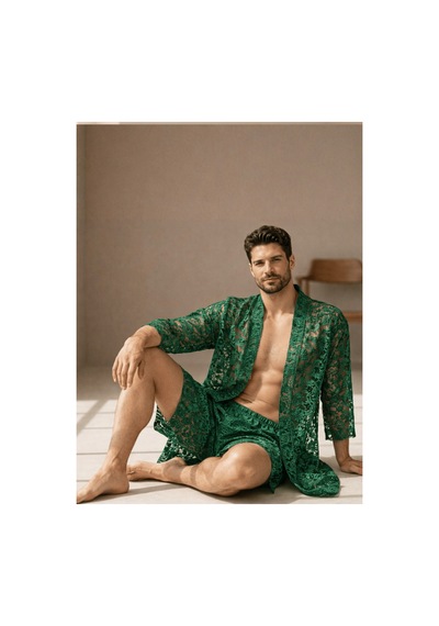 Qmen Style Erkek Kimono Takımı 3 Lü Dantel Set Bornoz + Pantolon + Şort Yeşil