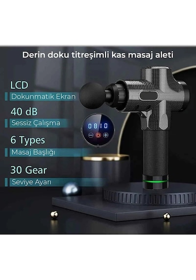 Profesyonel 6 Başlıklı Şarjlı Sporcu Masaj Tabancası 30 Hız Kademeli + Çantalı Gri