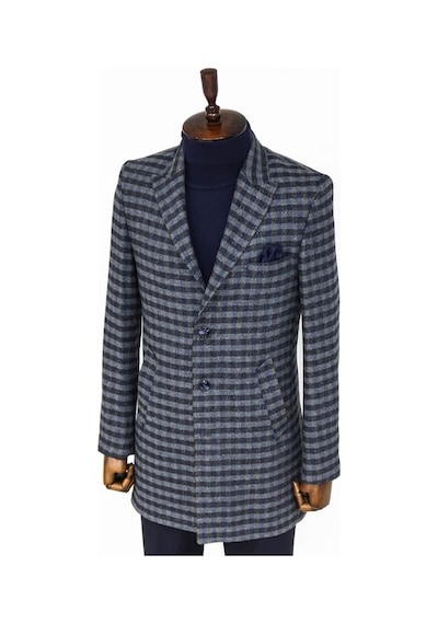 Wessi Kaşe Kareli Geniş Yaka Slim Fit Lacivert Erkek Palto 001