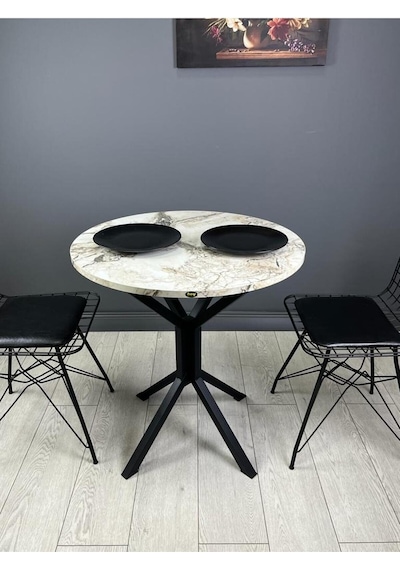 Nisa Efes Yuvarlak Mutfak Masası Yemek Masası Balkon Masası Metal Siyah Ayak 70 Cm
