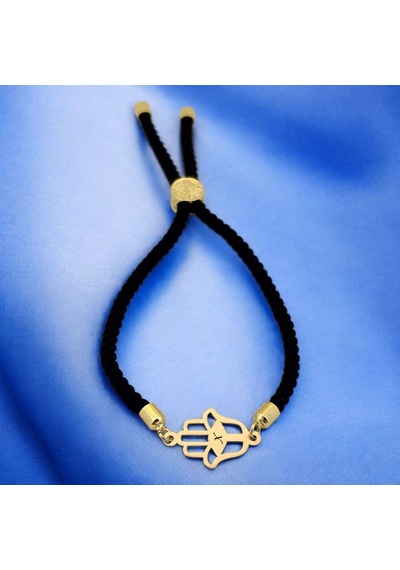 X Harfine Özel Siyah İpek Örgülü Hamsa Motifli 14 Ayar Altın Plakalı Hediye Bileklik-509harf X