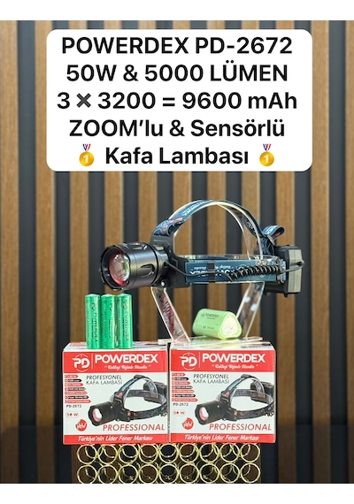 Powerdex Pd-2672 50w & 5000 Lümen 3 3200 9600 Mah Zoomlu & Sensörlü Kafa Lambası Siyah