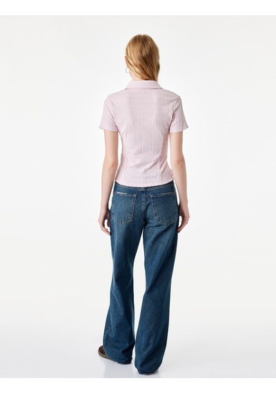 Koton Regular Fit Kısa Kollu Düğmeli Bürümcük Kumaş Polo Yaka Bluz Pembe 7wal60015ık Gül