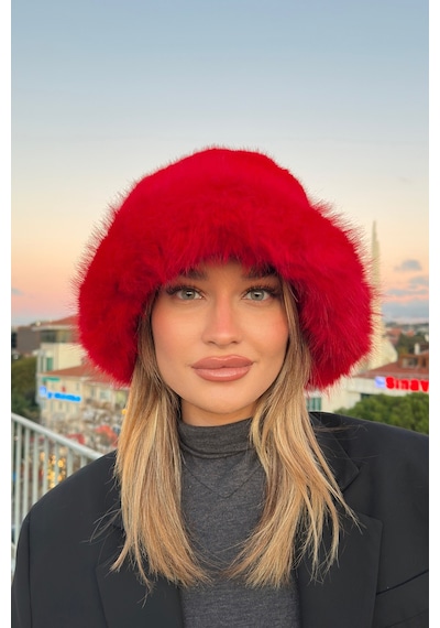 Mollycrush Suni Kürklü Peluş Bucket Kalpak Şapka Luxury Kadın Kırmızı Rus Slav Tarzı Kırmızı
