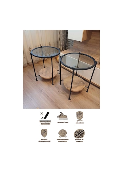Nordic Yan Sehpa Temperli Cam 40 Cm Demonte Çizilmez Kırılmaz Metal Çerçeve Raflı Minimalist Sehpa - Atlantik Çam Atlantik Çam
