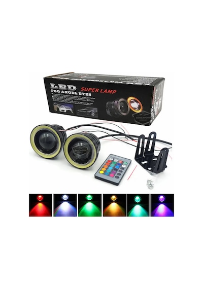 Üniversal Kumandalı Rgb Mercekli Angel Sis Farı Metal Su Geçirmez 76 Mm Beyaz Halkalı Gündüz Farı Angel Eyes 2 Adet