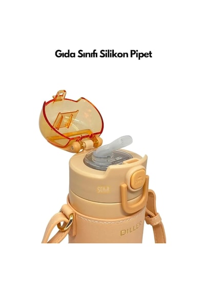 Diller 360ml Moda Deri Kılıflı Pipetli Askılı Pastel Renkli Paslanmaz Çelik Termos Matara Turuncu Çok Renkli