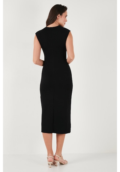 Lela Slim Fit Bisiklet Yaka Bağlama Detaylı Midi Bayan Elbise 5866164 Siyah