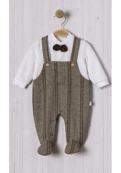Lamato Baby Balıksırtı Salopet Papyonlu Bebe Erkek Tulum Haki