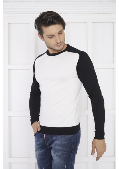 Escetic Erkek Spor Slimfit Beyaz Bisiklet Yaka Triko Örme Kumaş Kazak-428 Beyaz