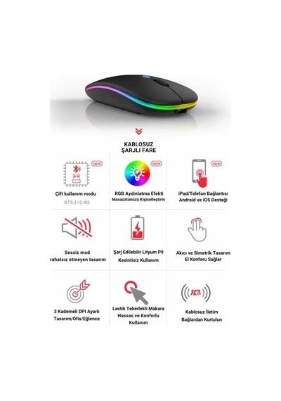 Polham Şarjlı Rgb Işıklı Çift Modlu Kablosuz Mouse, Laptop, Tablet, Telefon, Tv Uyumlu Mouse Süper Sessiz