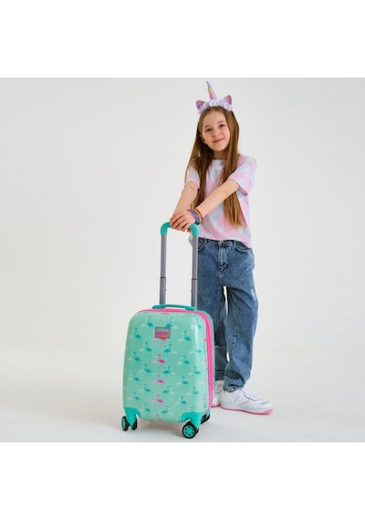 Coral High Kids Su Yeşili Neon Pembe Flamingo Desenli Çocuk Valizi 16714