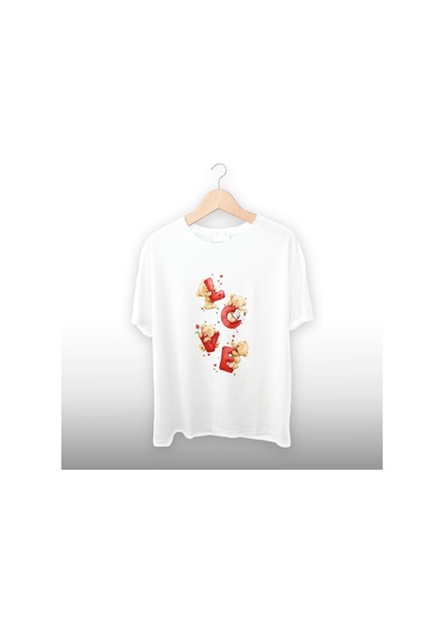 Love Ayıcık Detaylı Unisex Tişört Beyaz