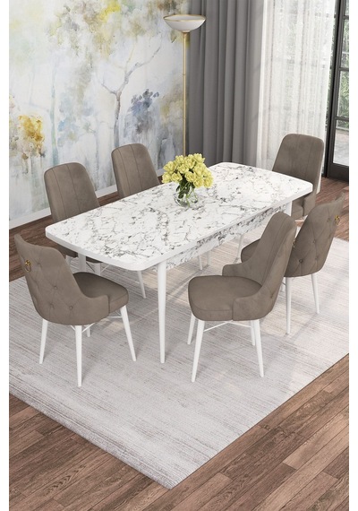Mona Beyaz Mermer 80x132 Açılabilir Mdf Masa Yemek Odası Takımı, Mutfak Takımı 6 Adet Sandalye Beyaz Mermer - 6 Cappuccino - Beyaz Ayak Mona Beyaz Mermer 80x132 Açılabilir Mdf Masa Yemek Odası Takımı, Mutfak Takımı 6 Adet Sandalye Beyaz Mermer - 6 Cappuccino - Beyaz Ayak