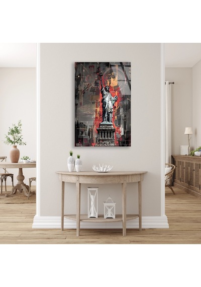 Özgürlük Heykeli Grunge Şehir - Cam Tablo - Deg0533 90 X 140 Cm
