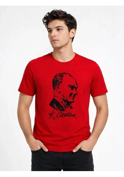 Hazego Erkek Atatürk Baskılı Tişört Kısa Kollu Bisiklet Yaka T-shirt - Kırmızı