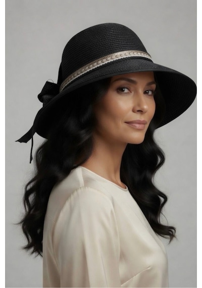 Mollycrush Kadın Siyah Kurdele Detaylı Hasır Güneş Şapkası L Günlük Ve Plaj Kullanımına Uygun Cloche Model Siyah