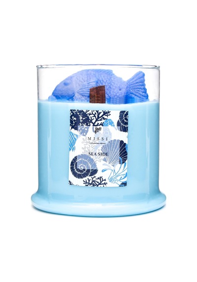 Büyük Üfleme Cam Balık Dekorlu Açık Mavi Aqua Mediterian Kokulu Vegan Mum 380 Gr