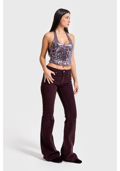 Itsbasic Kadın Koyu Bordo 29w5-153 Flare Fit Esnek İnce Fitilli Velvet Kadife Kumaş Pantolon