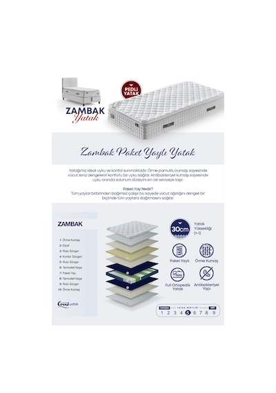 Zambak Tek Kişilik Antibakteriyel Ortopedik Paket Yaylı Pedli Yatak Ekru