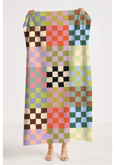 Damalı Geometrik Retro Plaj Havlusu - Renkli Modern Patchwork Hızlı Kuruyan Mikrofiber Havlu Eski Akasya