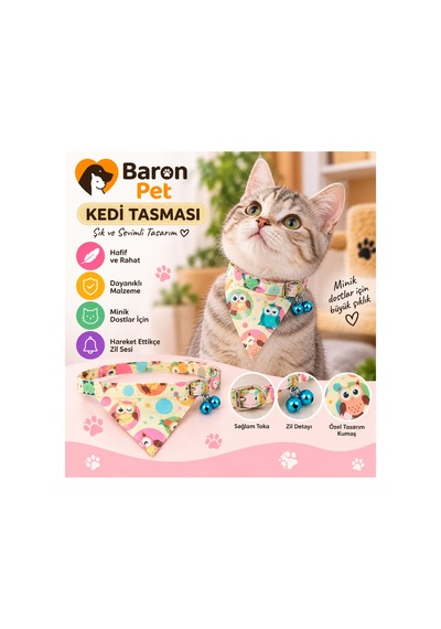 Fularlı Kedi Tasması Krem Baykuş Desenli Çift Zilli Ayarlanabilir Bandana Kedi Boyun Tasması