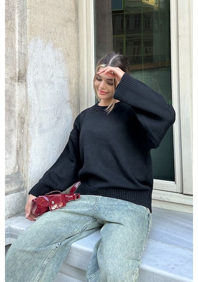 La & Vetta Zeytin Yeşili Bisiklet Yaka Oversize Triko Kazak Siyah