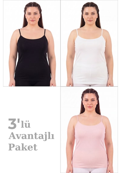 Arma Yıldız Kadın Büyük Beden İp Askılı Atlet Pamuklu Likralı Yumuşak Esnek Kumaş 3'lü Paket Pembe Beyaz Siyah