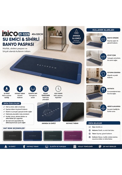 İbico İ21-158 Banyo Paspası 40x120cm Sihirli Elastik Su Emici Dikdörtgen Mat Renkler Diğer