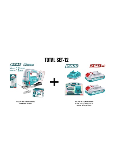 Total Set-12 Total Li-on Akülü Kömürsüz Dekupaj Testere Solo TJSLI1008 + Total P20S 2'li 2.0AH TFBLI2001 Akü ve Şarj Aleti Seti TFBCPK2212E