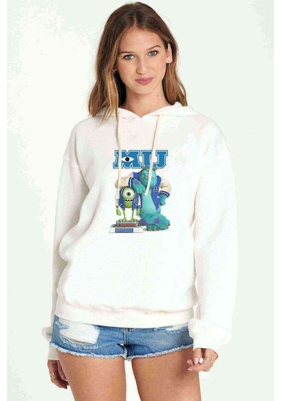 Monster Mu Baskılı Beyaz Kadın Kapşonlu Sweatshirt