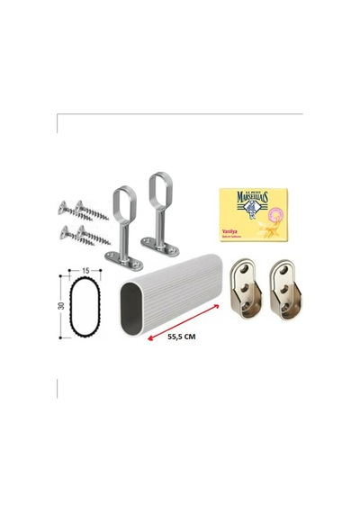 Askılık Borusu Oval 55,5 Cm+2 Adet Oval Ayaklı Flanş+2 Adet Oval Sabit Flanş +montaj Vidaları Set Mo